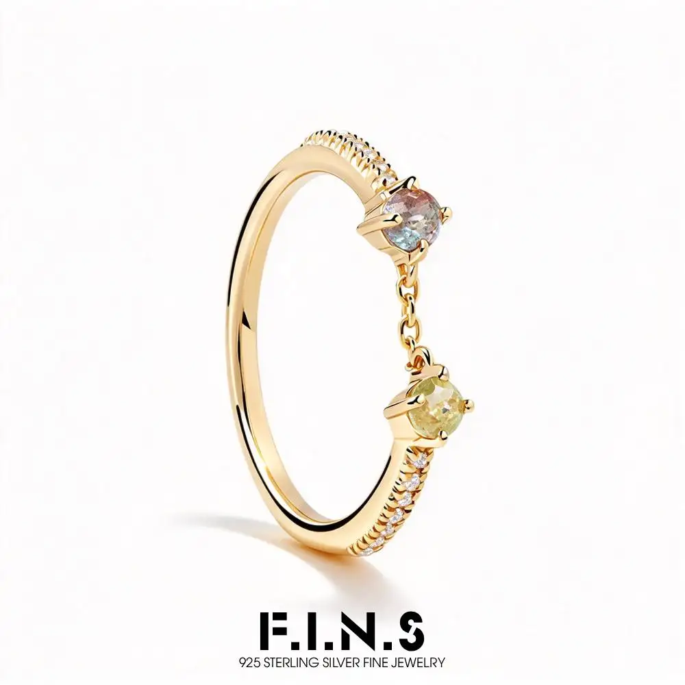 F.I.N.S Luxury Fashion 925 Sterling Silver Gold-Plated Ring with Chain Green Iced Zirconia Labradorite Finger Jewelry For Women