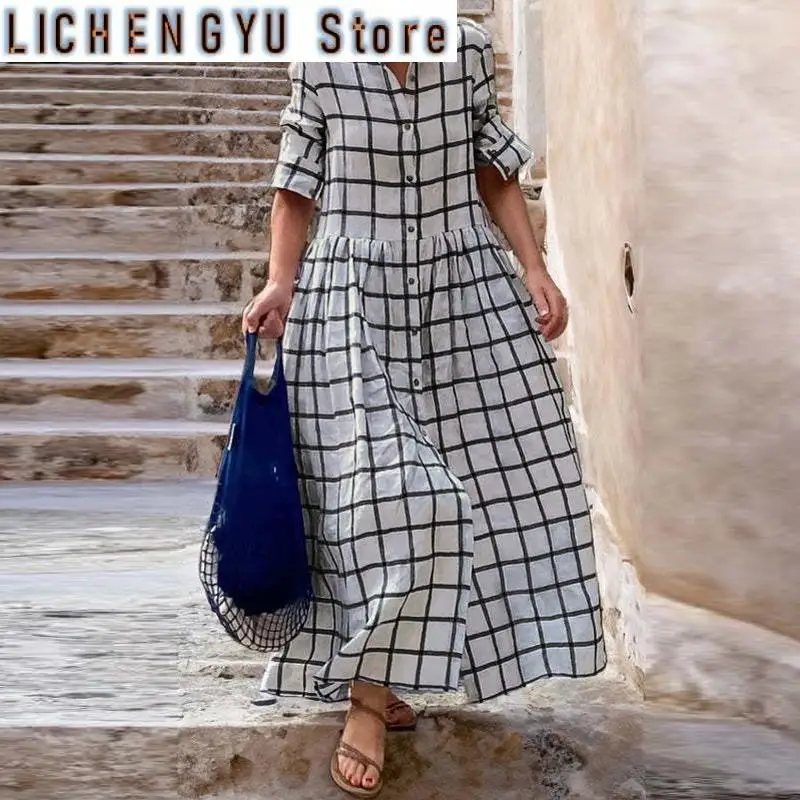 

New Women Lapel Plaid Office Swing Dress Spring Autumn Long Sleeve Maxi Dress Elegant Female Casual Single-Breasted Long Dress