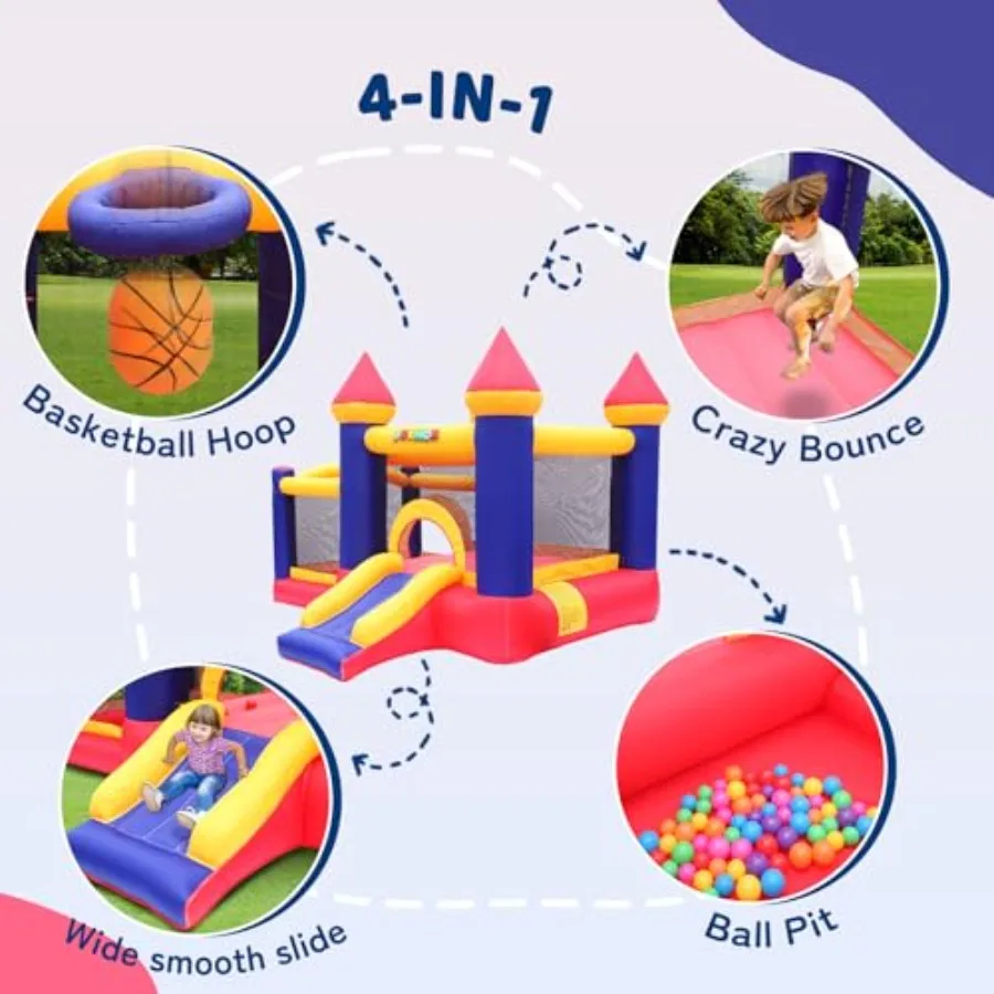 Inflatable Bounce House for Kids with Ball Pit, Inflatable Bouncing Castle Play Center w/Air Blower Pump, Jump'n Slide Bouncer f
