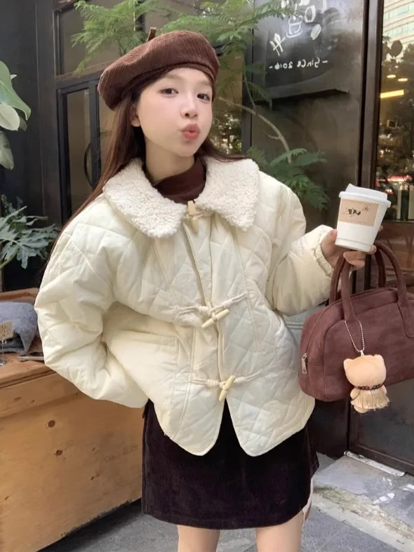 Korean Fashion Fall and Winter New Women Tops Parkas Lamb Wool Turn Down Collar Long Sleeve Horn Buckle Single Breasted Coats