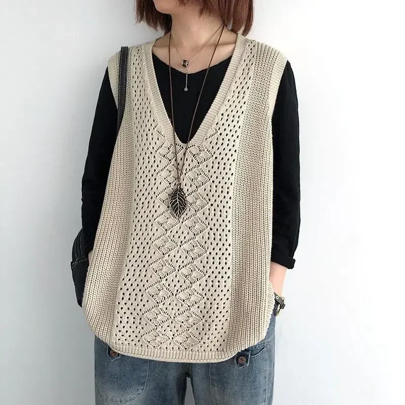 Women Clothes Vintage Hollow Thin Casual Sleeveless Outewear Sweater Vest Female Solid V Neck Loose Pullover Knitted Waistcoat