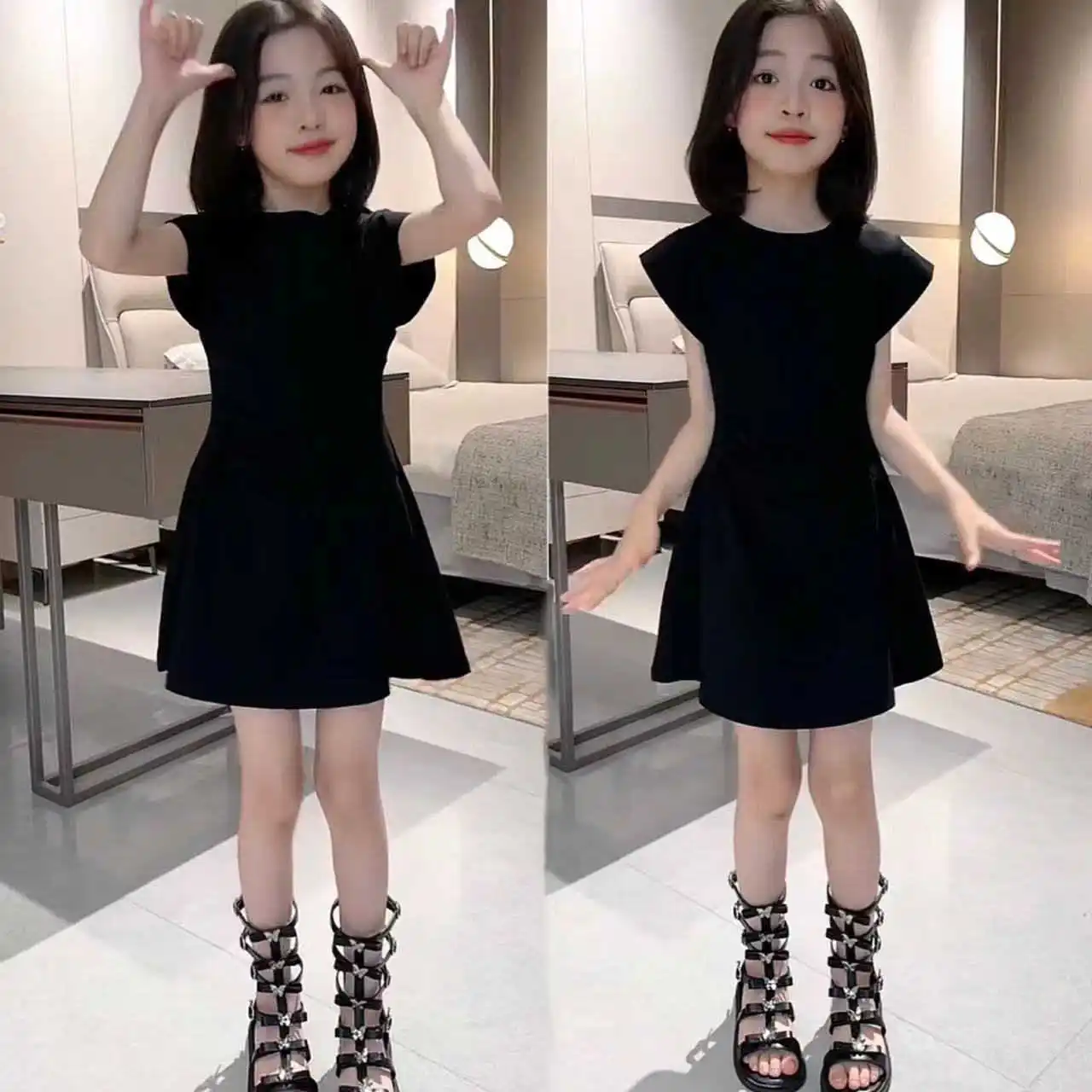 2026 summer Kids party black sleeveless princess Dresses Child Clothes Teens o neck slim Girls Daily Wear 4 5 8 10 9 12 year