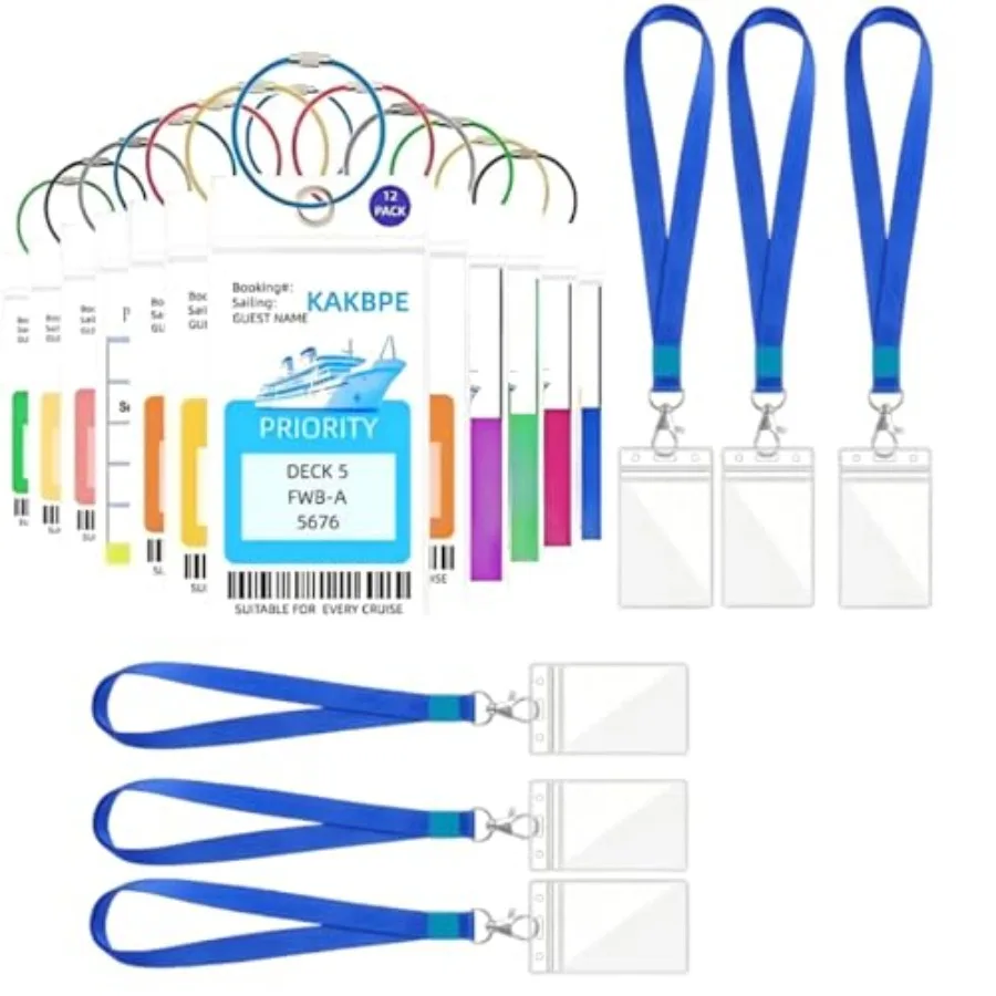 Cruise Essentials Set, 12 Luggage Tag Holders with Steel Loops, 6 Lanyards with ID Badge Holders for Ship Travel Accessories