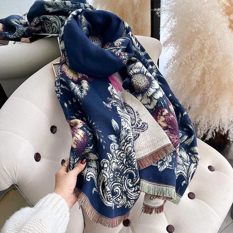 Scarf Women Shawl Pashmina Wrap Blanket Scarf Floral Jacquard Throw Cape Winter Autumn Oversized Shoulder Cover Poncho