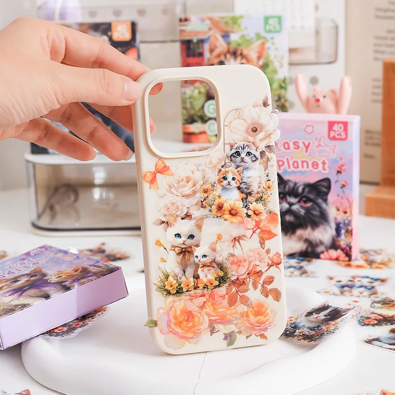 240pecs 6sets Cute Cat Sticker Packs,Waterproof PET Material,Cut Film easy to Tear,DIY Hand accounr Decoration Material Stickers