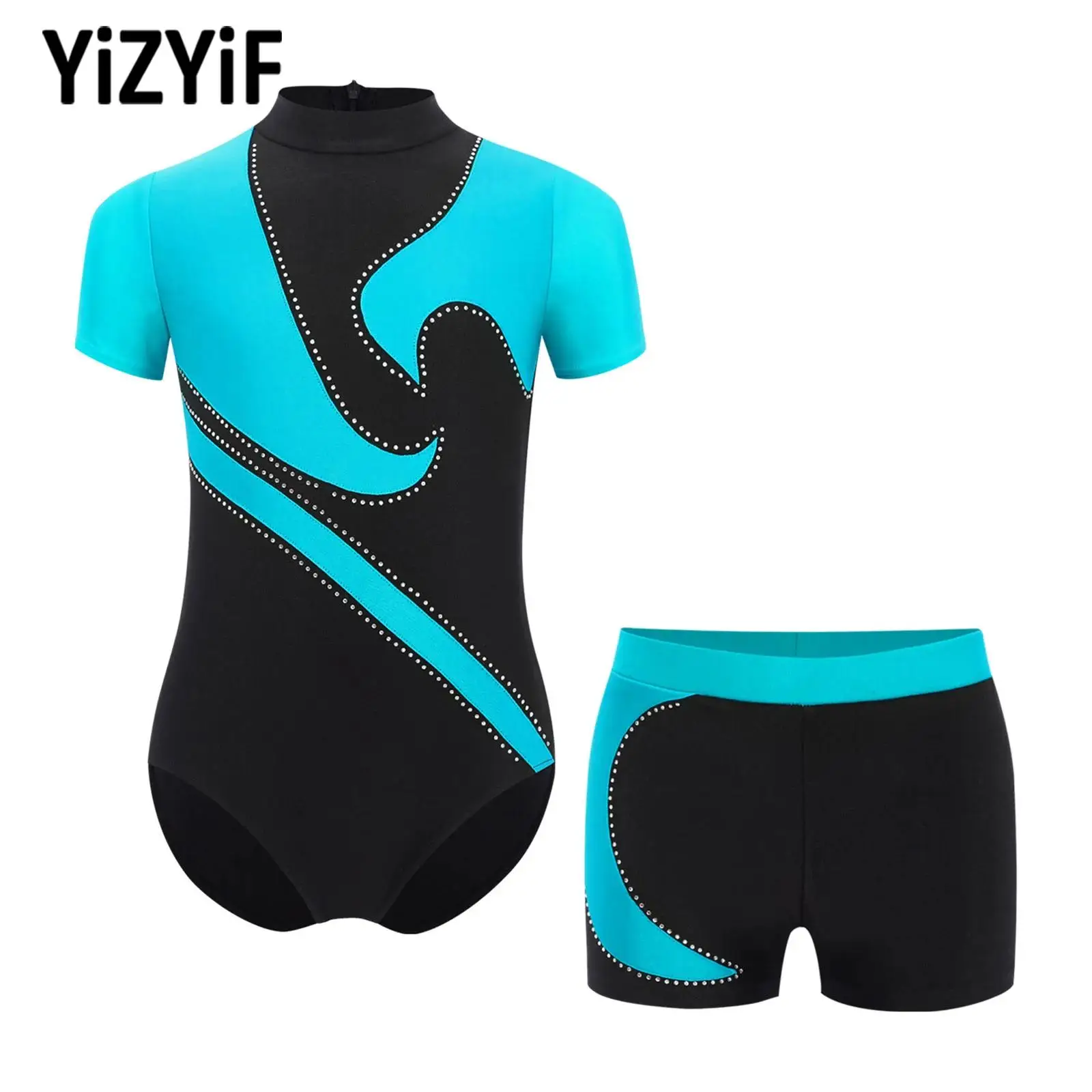 

Kids Boy Gymnastics Outfit Ballet Dance Figure Ice Skating Performance Set Color Block Short Sleeve Leotard+Shorts Dancewear Set