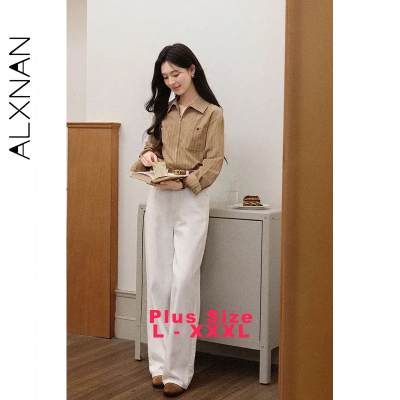 

ALXNAN Plus Size Brown Striped Long Sleeve Shirt Women 2025 Autumn Zipper Lapel Office Lady Shirts New Vintage Top Female D57612