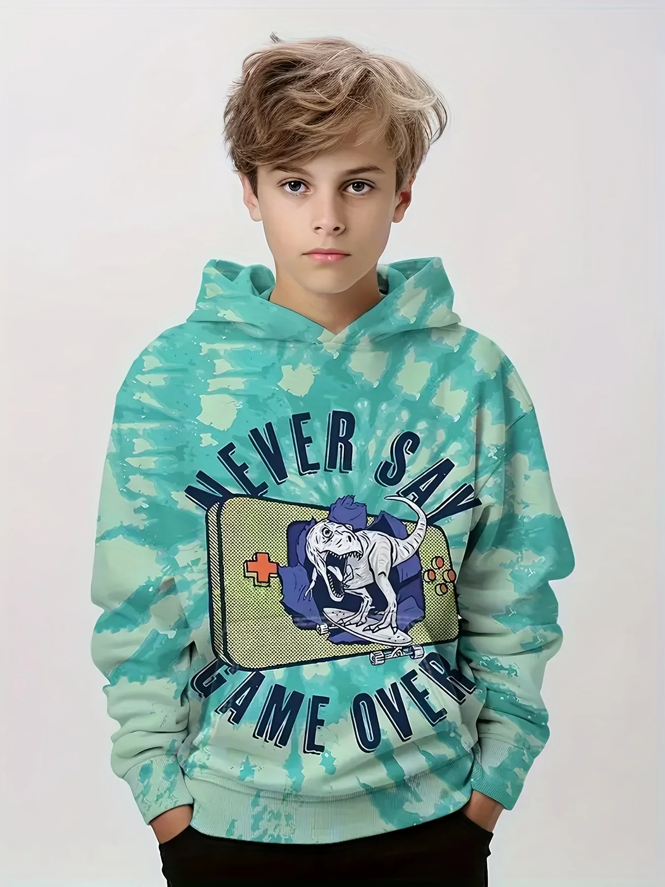 

Trendy Dinosaur Skating And Never Say Game Over Letter 3d Print Boys Casual Pullover Hooded Long Sleeve Sweatshirt For Spring Fa