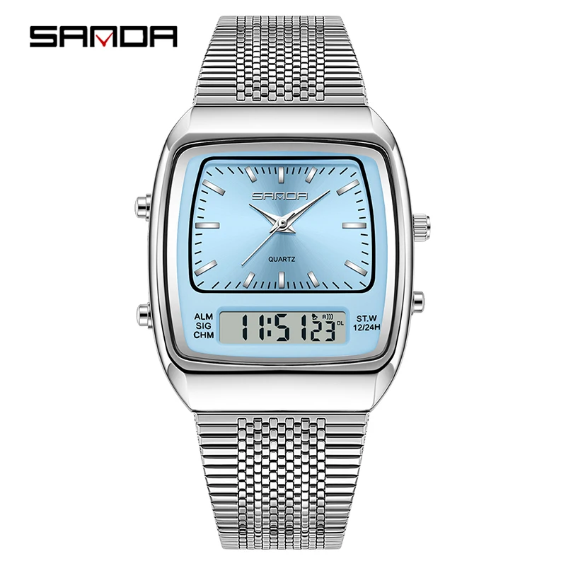 SANDA 3393 Men's Electronic Quartz Watch Fashion Multifunction Dual Display Clock Luminous Waterproof Casual Men Digital Watches