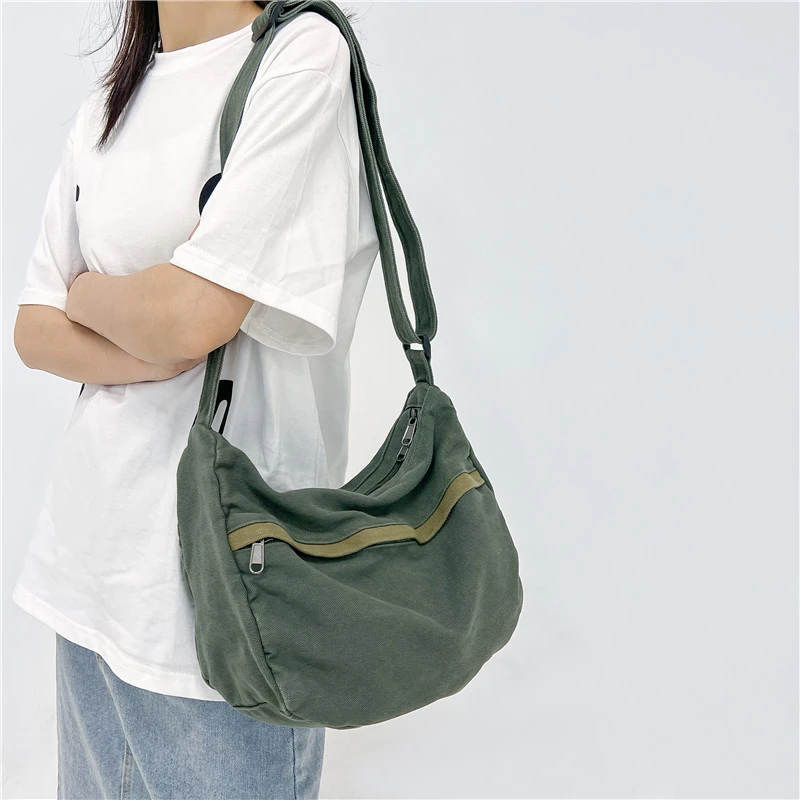 College Student Crossbody Bags For Women 2023 Trendy Cool Canvas Schoolbag Female Messenger Shoulder Bag Solid Travel Book Bag