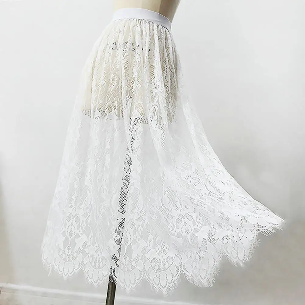 Jupe en dentelle brodée pour femme, taille haute élastique, bordure florale, ligne A, doublure Cheongsam rétro