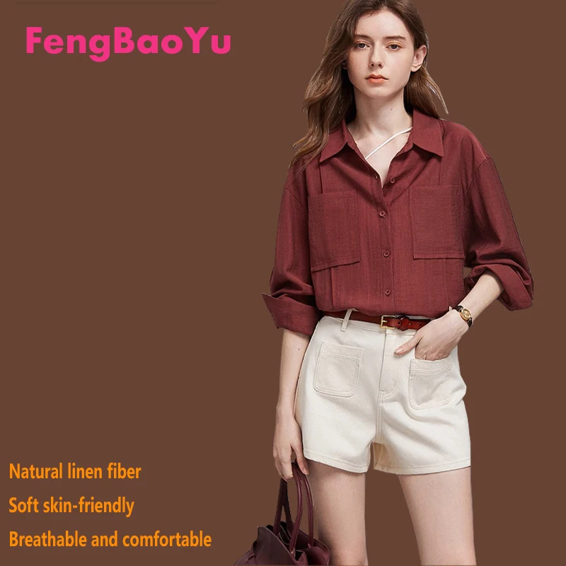 

100% Linen Women's Long Sleeve Shirt Wine Red Spring and Summer Outdoor Fashion Casual Top Travel Holiday Relaxed Women's Wear