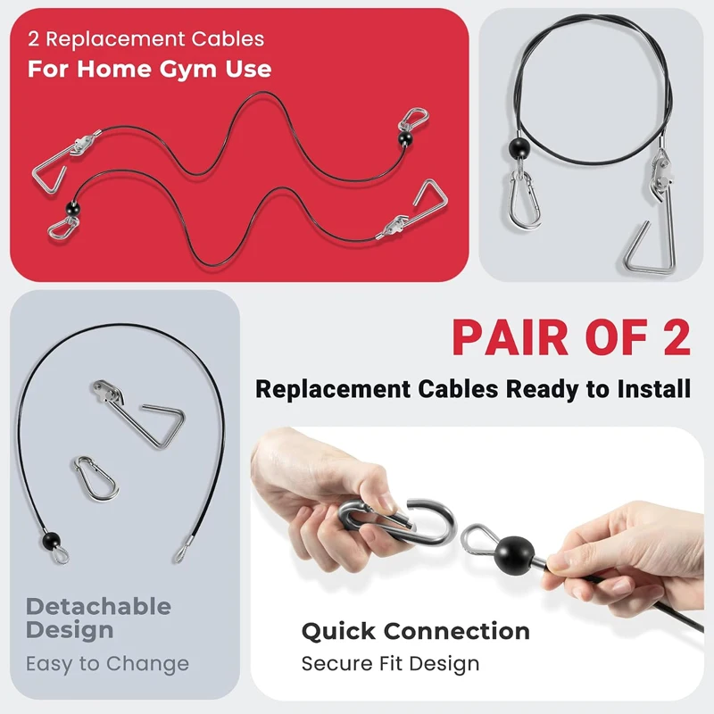 Fitness Cables with Hook Assembly & Clips,2 PCS For Select Bowflex Power Rod Home Gyms ,Fits Sport, PR1000, Blaze, Xtreme SE,Etc
