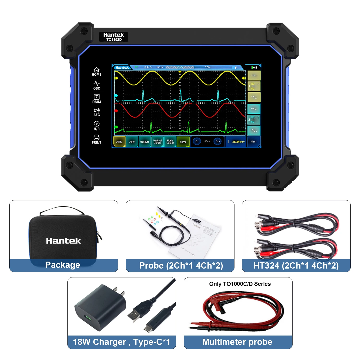 Hantek nowy ekran dotykowy ręczny oscyloskop multimetr 4/2 kanał 150MHz Osciloscopio + Generator sygnału + multimetr TO1152D