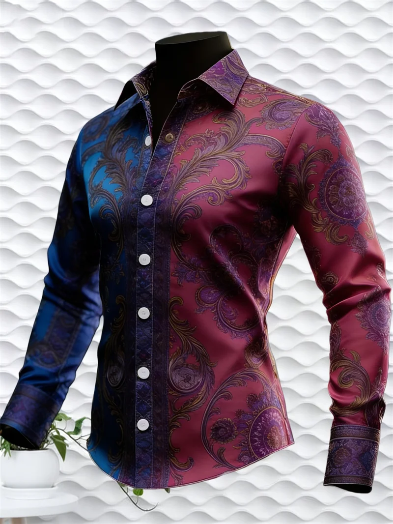 New men's long sleeved shirt with 3D printed lapel button dual color pattern shirt casual top men's long sleeved top