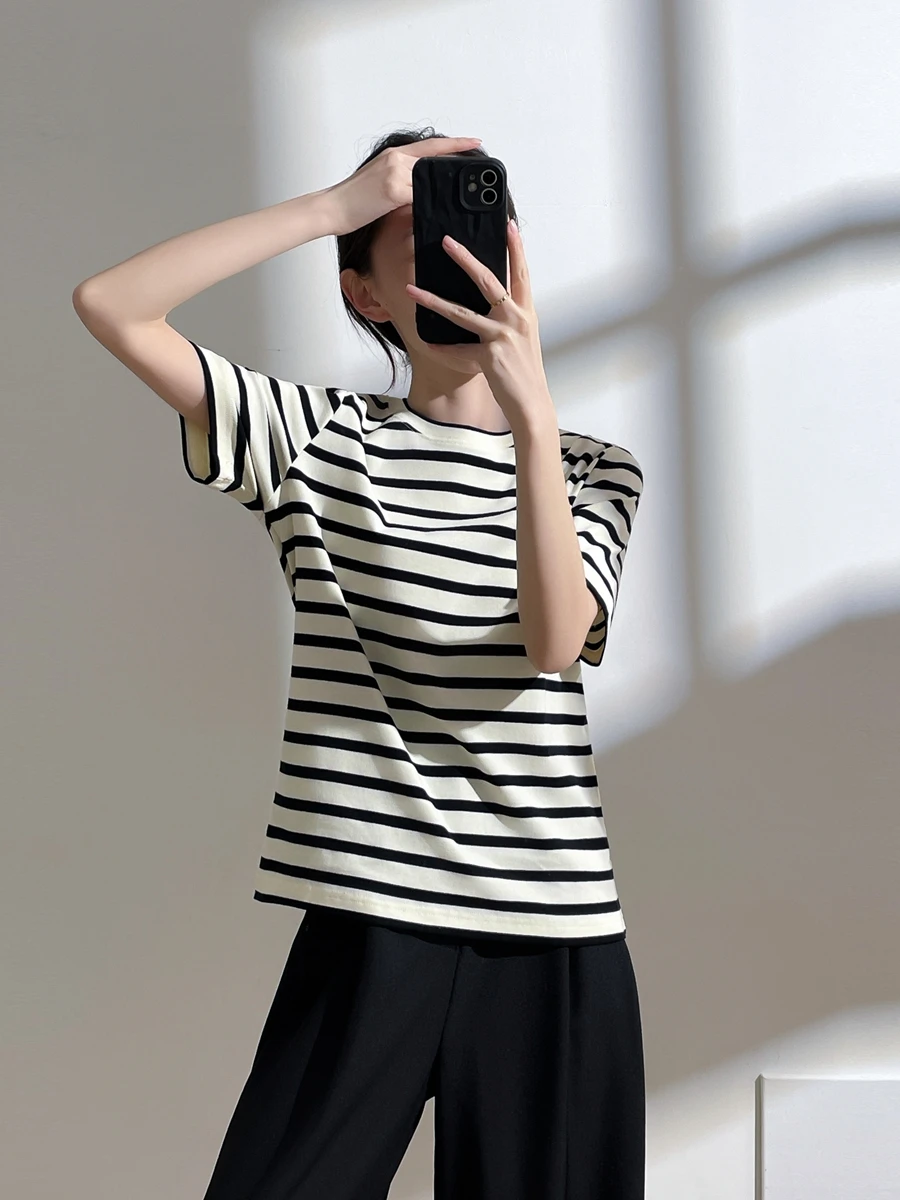 Sommer Baumwolle rund Ne T-shirt frauen ort Sve Lose Abnehmen Casual Top Farbe Blo Basis irt Gestreiften Muster