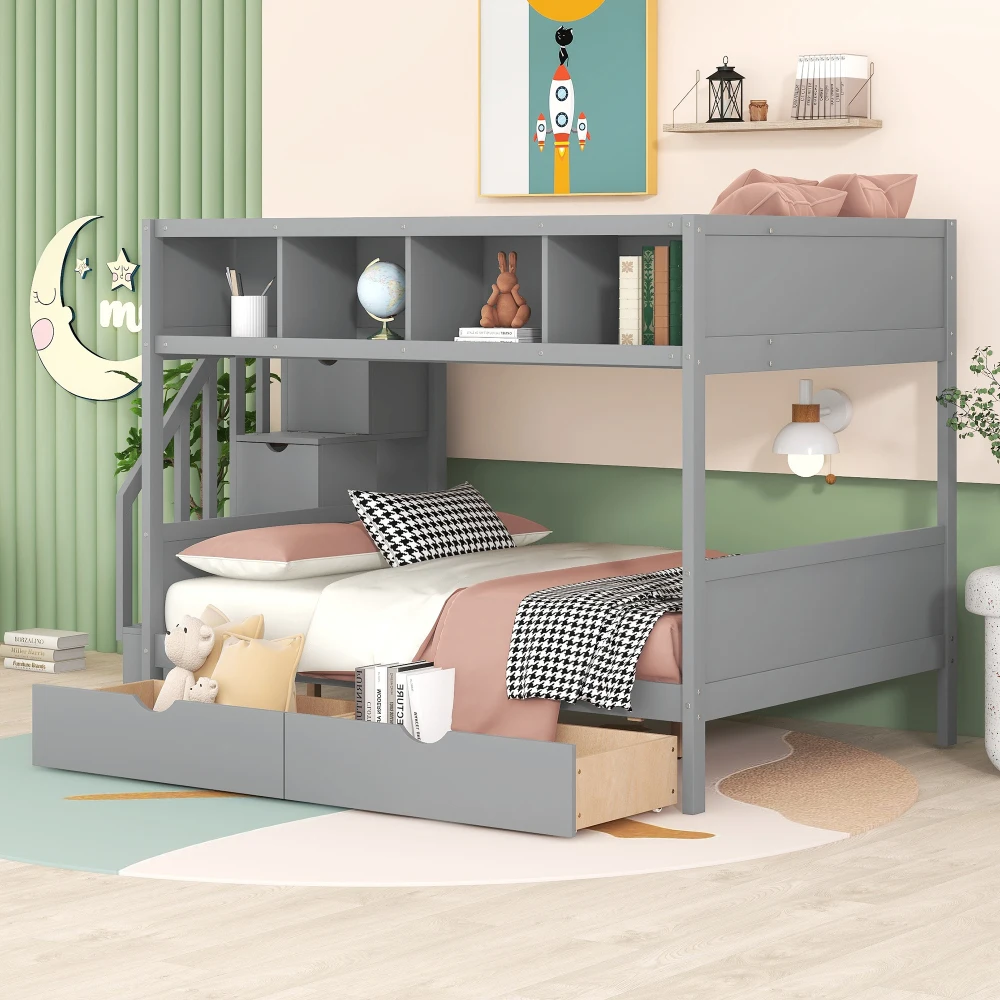 

Twin Over Full Bunk Bed with Shelf, Storage Staircase and 2 Drawers, Gray