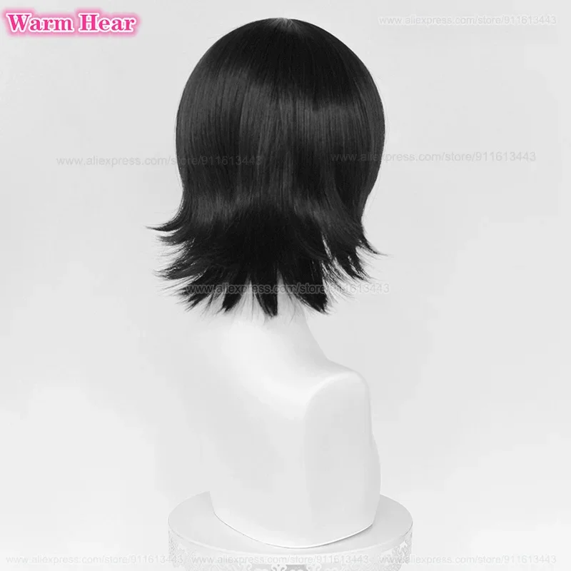 Cabelo preto fofo em camadas com máscara para os olhos, peruca cosplay himeno, curta anime, resistente ao calor, perucas de festa, boné, 35cm