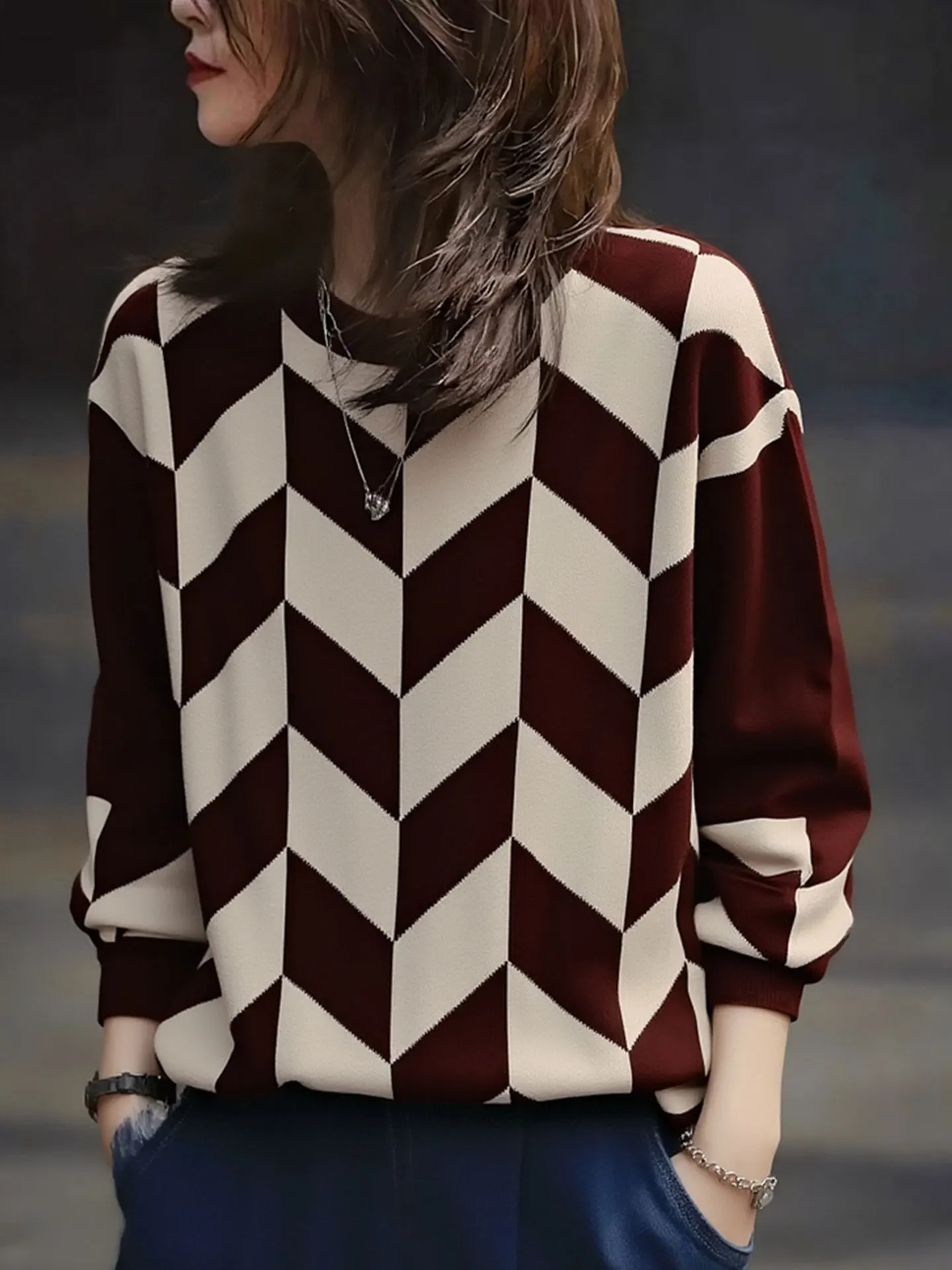 

Ele Knitted Long Sve Sweater Retro Diamond Pattern Loose Fit Winter High End Feeling Women's Top Korean Sle Commute