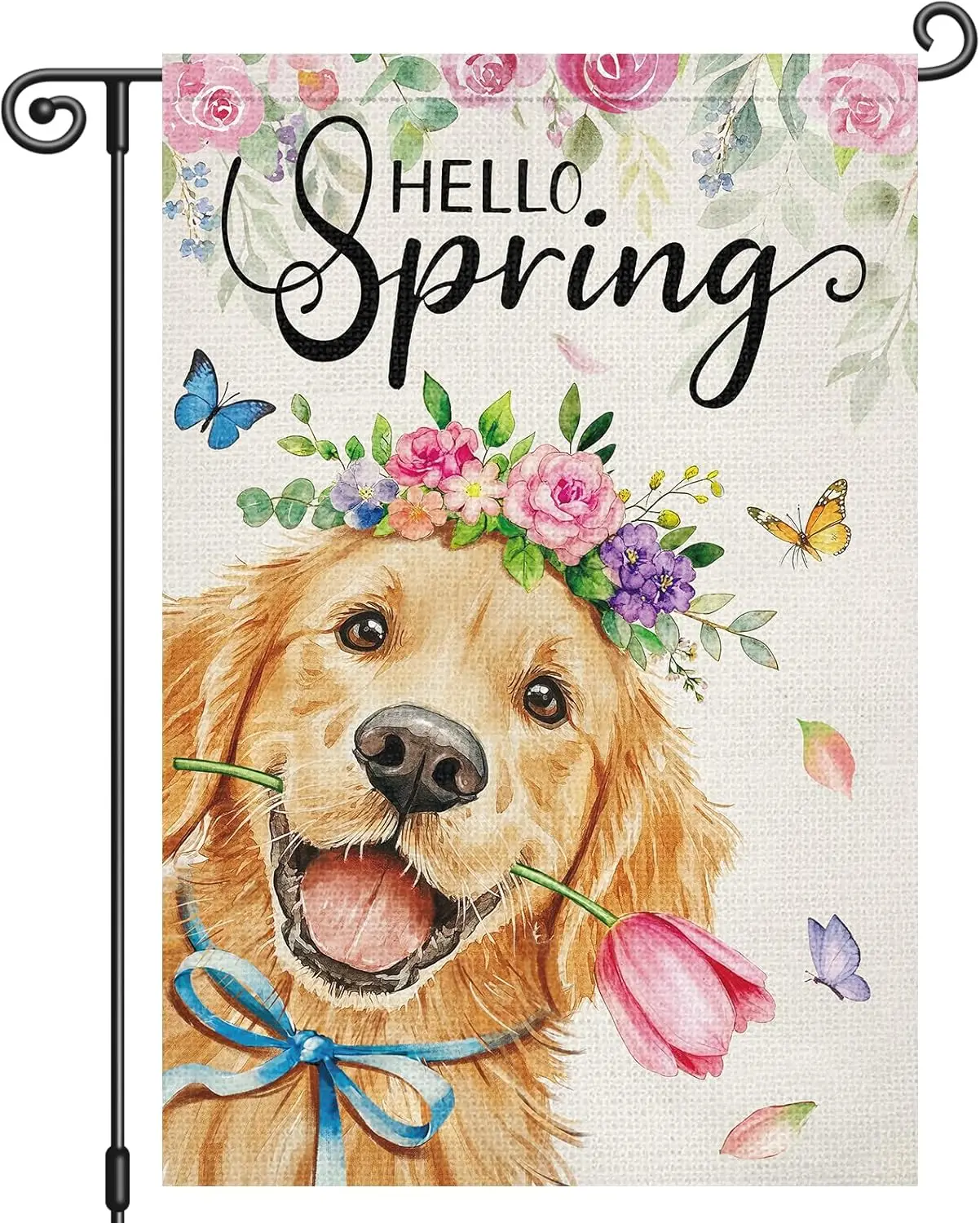 Louise Maelys Hello Spring Garden Flag Golden Retriever Floral Butterfly Double Sided 12x18 Inch Seasonal Welcome Small Burl WWP