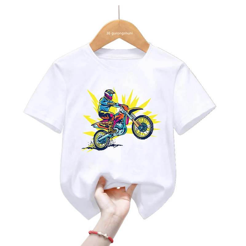 Funny Motorcycle Motocross Rider Print T Shirt For Girls/Boys Cool White Kids Clothes Summer Short Sleeve T-Shirt