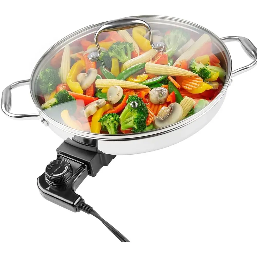 

Electric Skillet By Cucina Pro - 18/10 StainlSteel rying Pan with Tempered Glass Lid and Handles, 12" Round, Adjustable Temperat