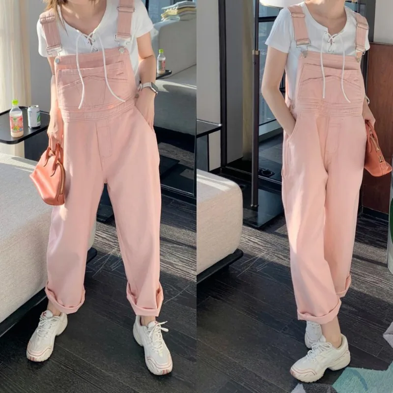 2024 New Pink Denim Baggy Jumpsuit Overalls Women Loose High-waisted Straight Rompers Trousers Youth Girls Casual Jeans Playsuit