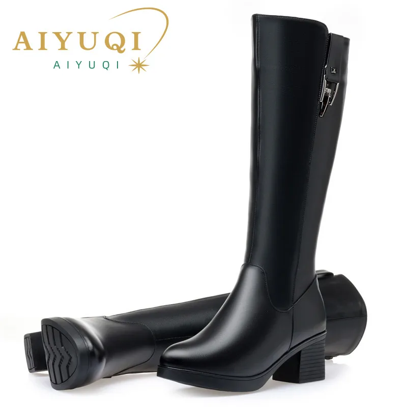 AIYUQI Winter Women Long Boots Genuine Leather Natural Wool Warm High Boots Women Fashion Large Size Women Riding Boots