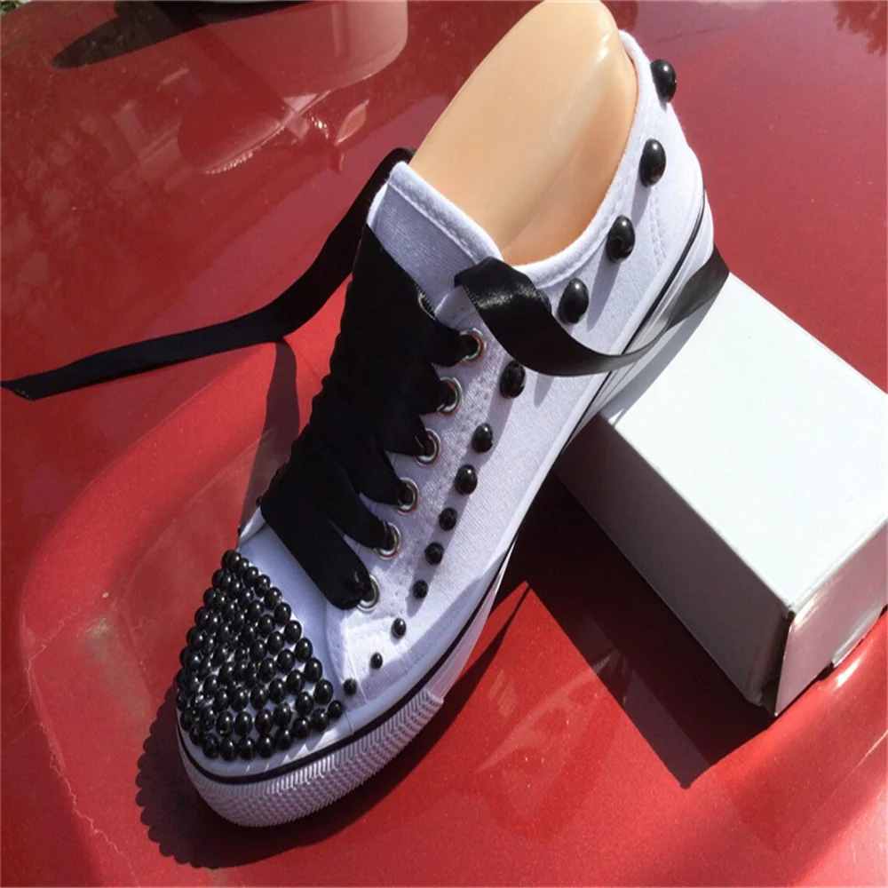 White low top black pearl ribbon custom style canvas shoes integrated sports casual shoes women\'s shoes 35-46