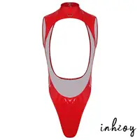 Womens Glossy PU Leather Bodysuit Wit Metal D-ring Open Front Backless High Cut Leotard Jumpsuit for Nightclub Rave Party
