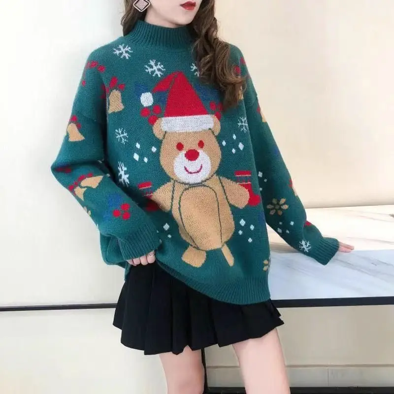 Christmas Red Cartoon Pattern Sweater Female Spring Autumn Turtleneck Knitting Bottoming Shirt Loose All-match O-neck Top Tee