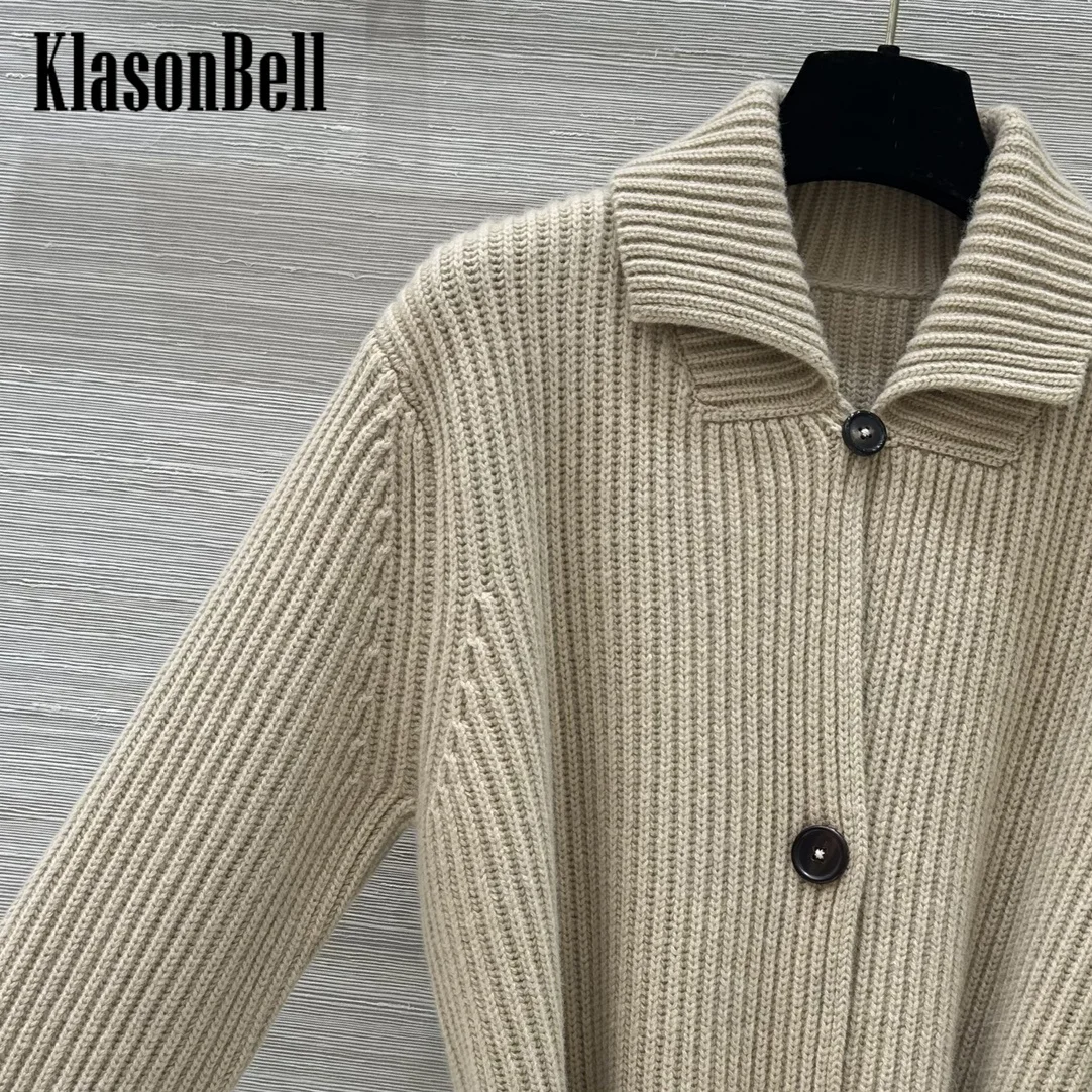 9.2 KlasonBell Women\'s Elegant Double Pocket With Sashes Bow Ribbed Wool Knit Cardigan Lapel Single Breasted Coat Autumn New