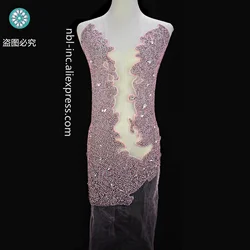 (1PC) Luxury hand crocheted pink crystal glass rhinestone bodice applique patch sew on for prom party dress WDD1354