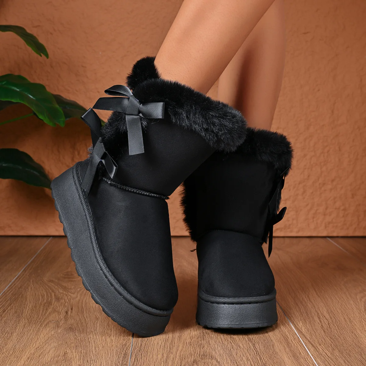 女性の冬のスリッポンブーツファッションソリッドボウカジュアルスノーブーツ大きいサイズ快適なプラットフォームブーツ女性用
