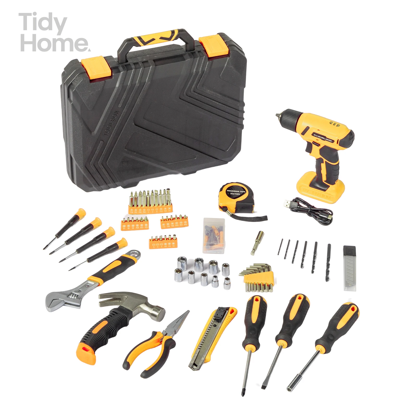 

146-Piece Drill Set with 8V Yellow Cordless Drill, Home Tool Kit with Drill, House Repairing Hand Tool Kits with Portable Case,