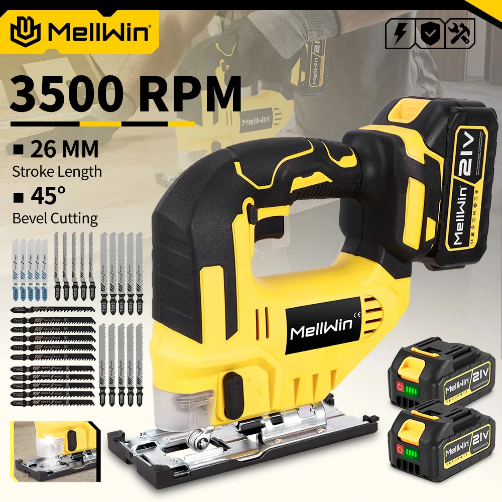 MELLWIN 3500 U/min Elektrische Stichsäge Mit 31 Klinge Drahtlose Kurvensäge Multifunktions-Holzbearbeitungswerkzeug-Set Für Makita 18 V Batterie Pin