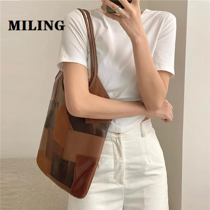 

Leather Color Blocked Portable Shopping Bag Female 2024 New Popular Large Capacity Shoulder Bag Fashion Design Cowhide Tote Bag