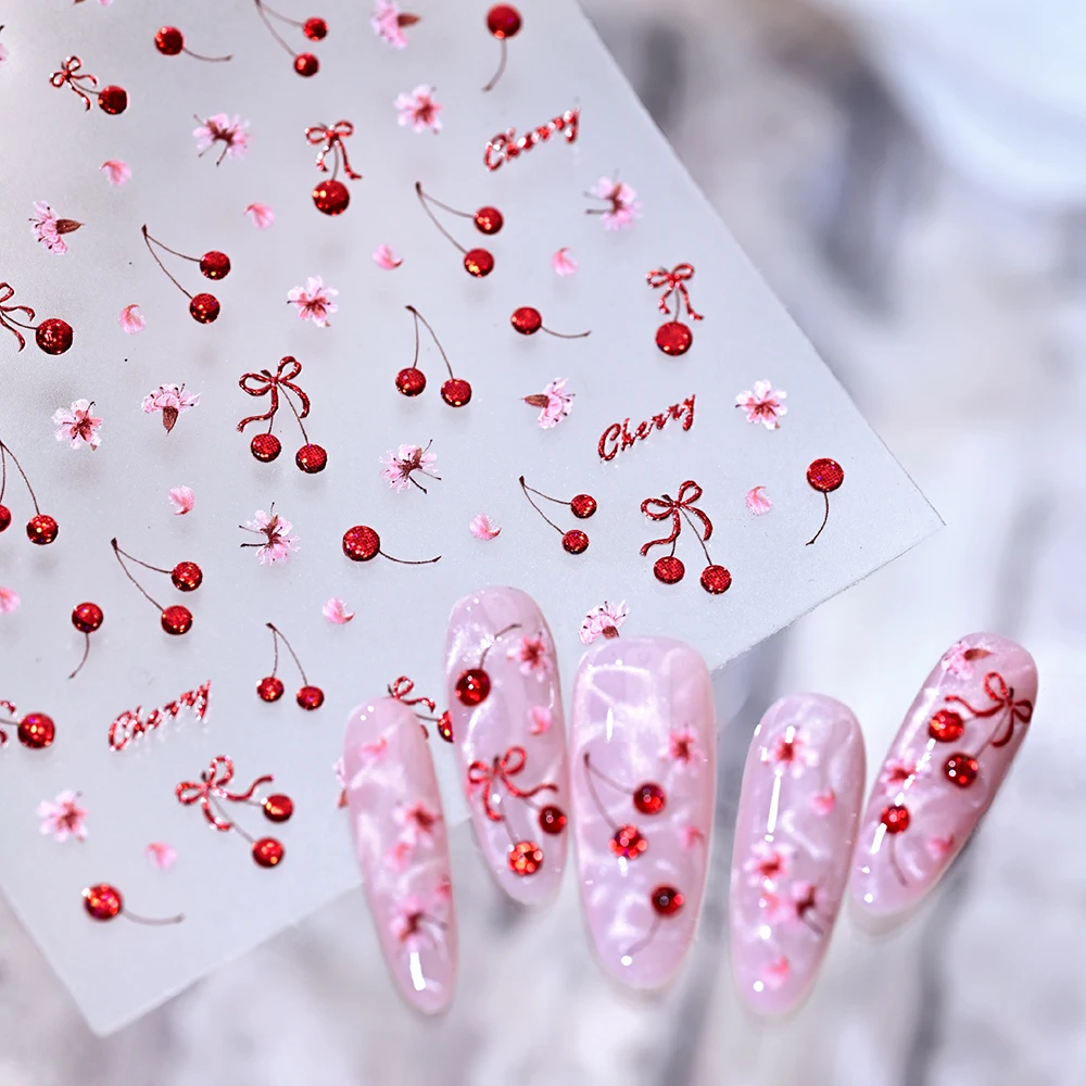1pc 5D Shiny Bowknot Flower Nail Art Decals Glitter Red Cherry Nail Stickers Nail Sliders DIY Manicure Home Salon Summer Party *