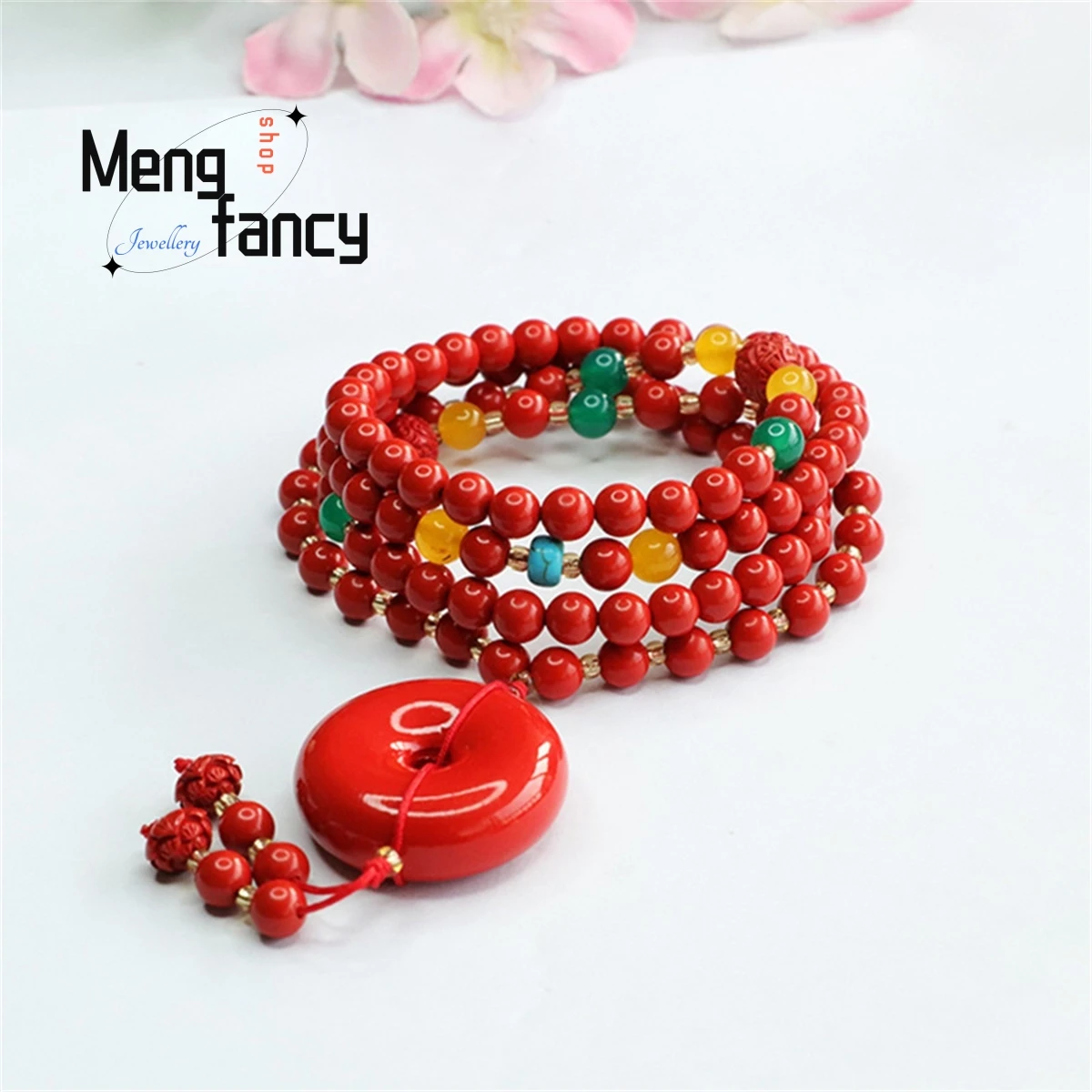 Natural Cinnabar 108 Buddhist Beads Peace Buckle Sweater Chain Multi Loop Bracelet Simple Personality Charm Fashion Fine Jewelry