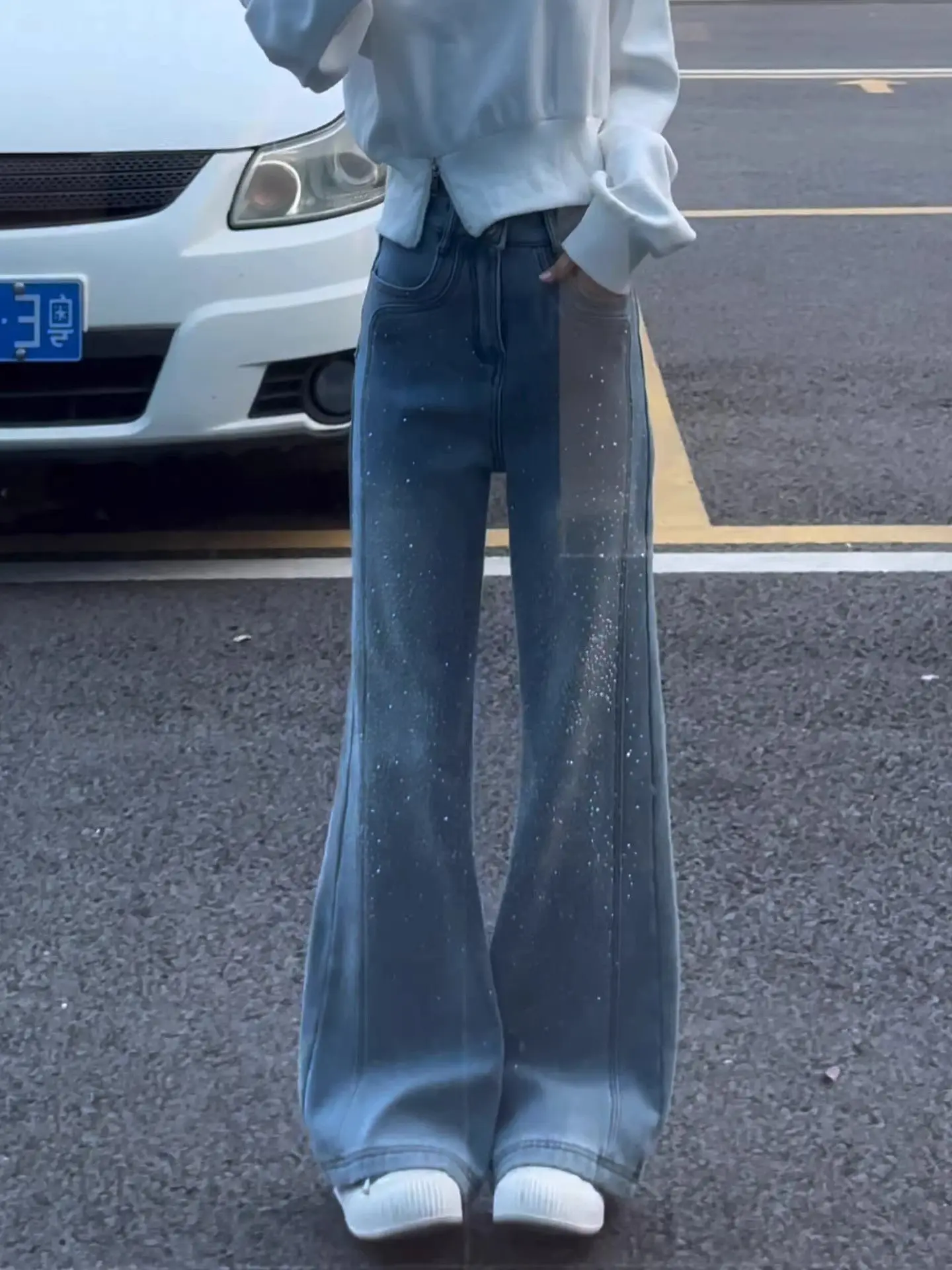 

Американские джинсы с высокой талией, блестками и стразами, женские, весна 2026, утягивающие, широкие, расклешенные, с декоративными элементами