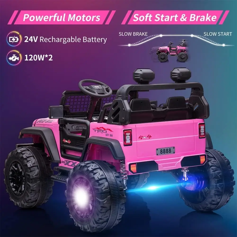 24V Kids Ride On Truck with Remote Control 15.5" All-Terrain Wheels & 20" Seat LED Lights/Music/USB Storage Gift for Boys Girls