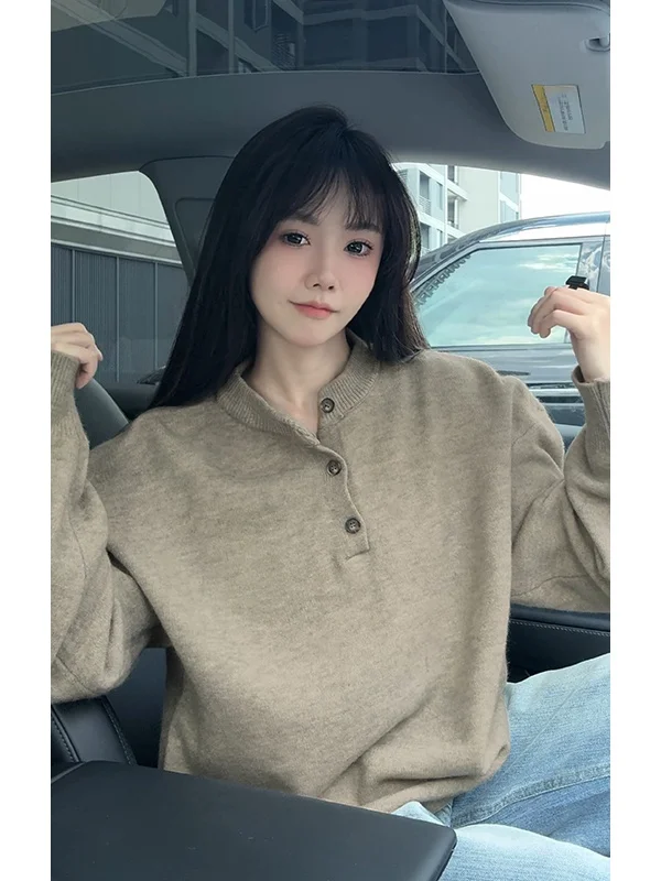 

Повседневный мужской свитер с воротником Генри, плотная вязка, весна-осень, модный универсальный базовый слой для пар, вязаный свитер