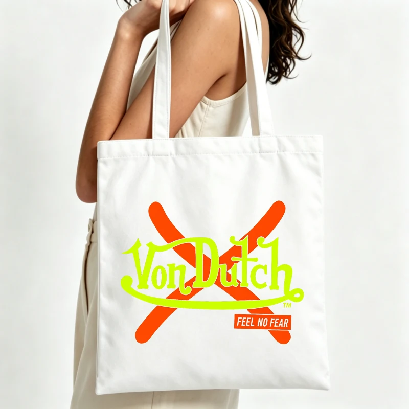 canvas tote bag with cross and letter print, streetwear style for casual daily use and shopping outings