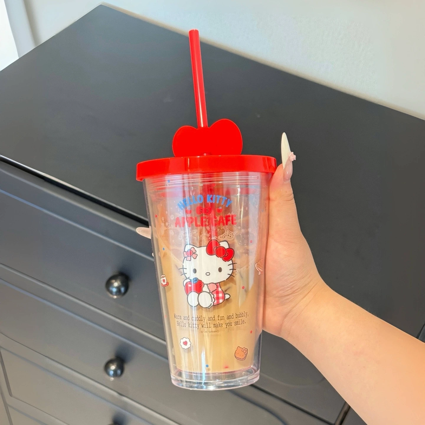 

Hello Kitty Double Layer Insulated Coffee Cup Kawaii KT Character Portable Thermal Mug with Straw Hot Cold Drink Birthday Gift