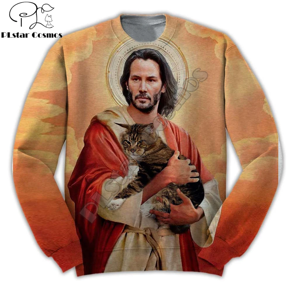 Jesus Keanu Reeves Holding Cat 3D All Over Printed Mens Hoodies & Sweatshirt Unisex Casual zipper hoodies sudadera hombre MT-33