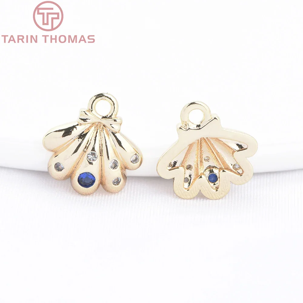 (9947)6PCS 10MM 24K Gold Color Brass with Blue Zircon Shell Shaped Pendants High Quality DIY Jewelry Making Findings Accessories