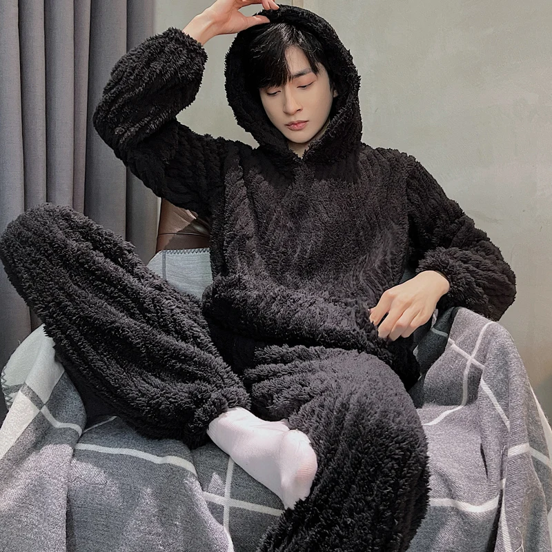 Korean Fashion Winter Flannel Warm Nightwear for Men Hooded Sleepwear 2Pcs/set Sleeping Top Pant Homewear Young Boy Pjs Pyjamas