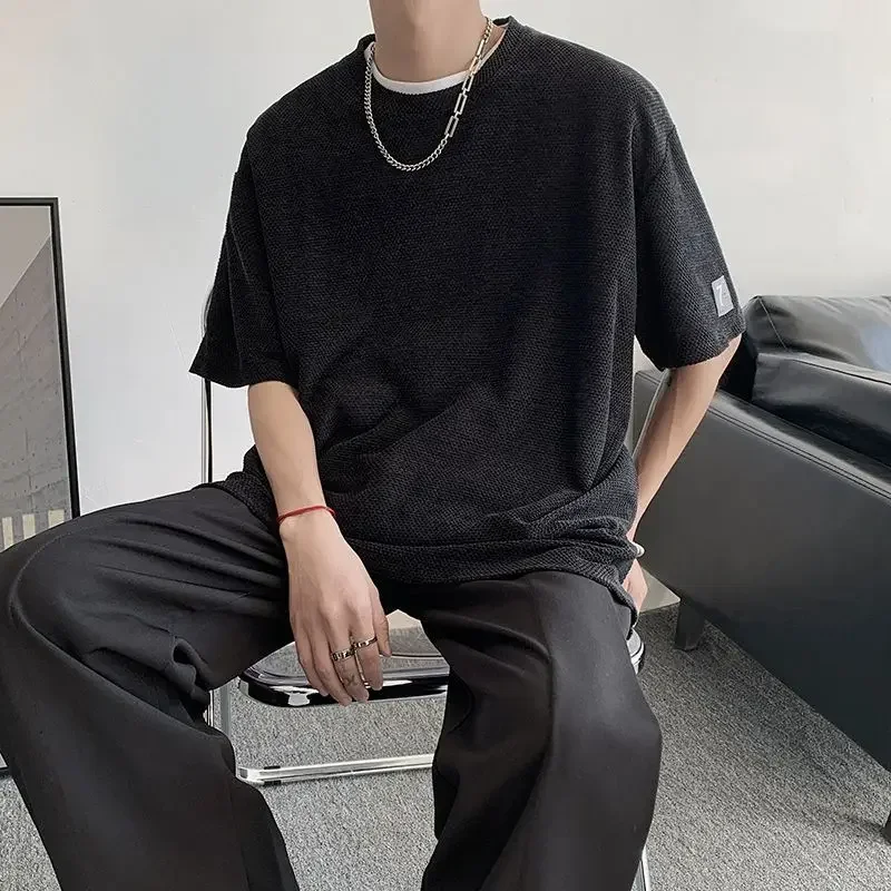Youth Men's Round Neck Short Sleeved T-shirt Summer Trendy Loose Casual Coffee Heavyweight Top Tees Oversize Honeycomb Knitting image 3