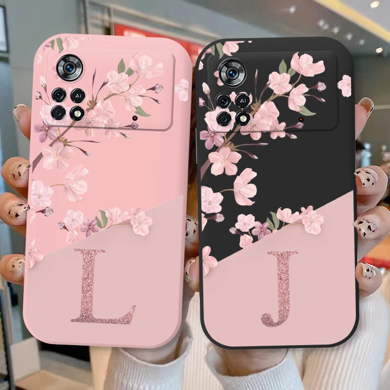 Cute Initial Letter Case For Poco M4 Pro 4G 5G Back Cover Simple Style Flower Soft Silicone Fundas For Xioami Poco M 4 Pro Coque