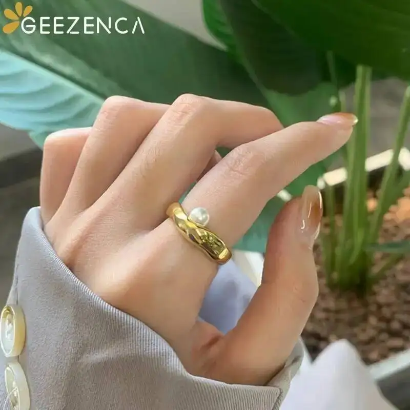 GEEZENCA 925 Sterling Silver Gold Plated Shell Pearl Crown Women's Open Ring Clearance Limited Stock First Come First Get